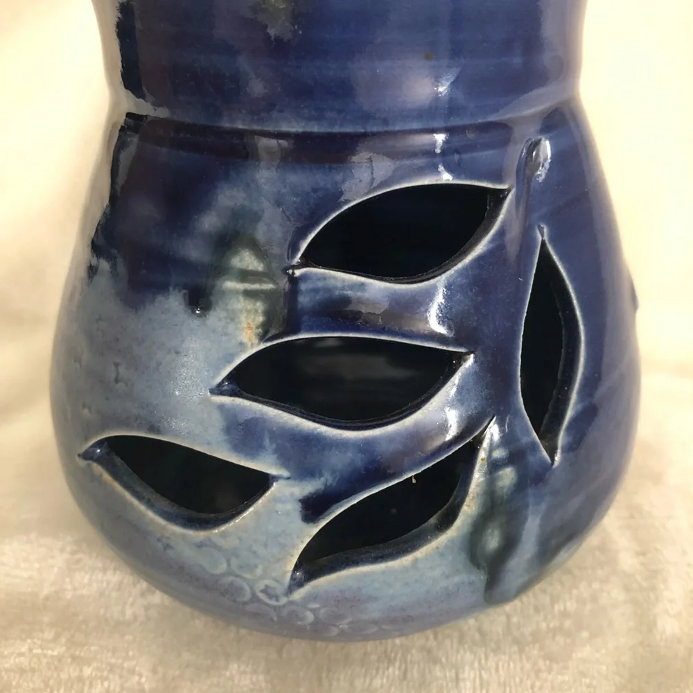 Studio Pottery Candleholder Luminary Lantern Cutouts Bird Design - Artist Signed